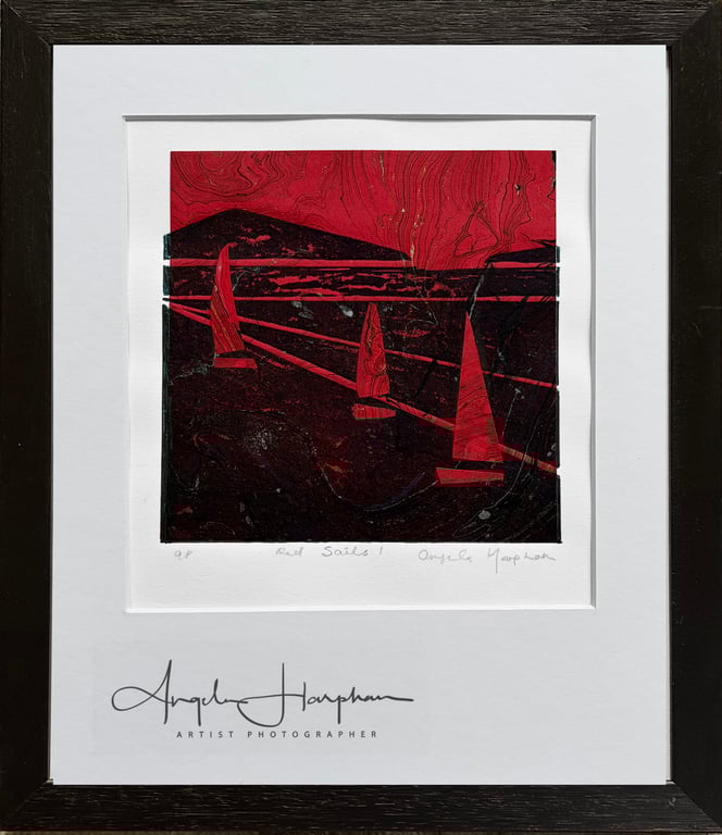 Red Sails I - Framed Lino Print with Marbled Paper Chine Colle 