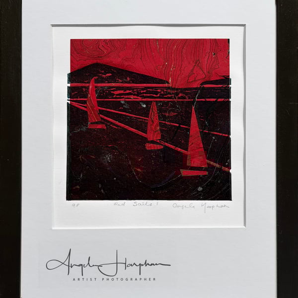 Red Sails I - Framed Lino Print with Marbled Paper Chine Colle 