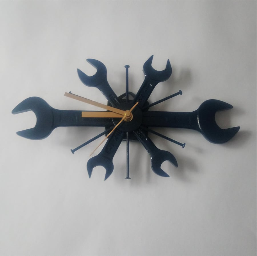 Spanner Wall Clock in Navy Blue - Industrial chic clocks