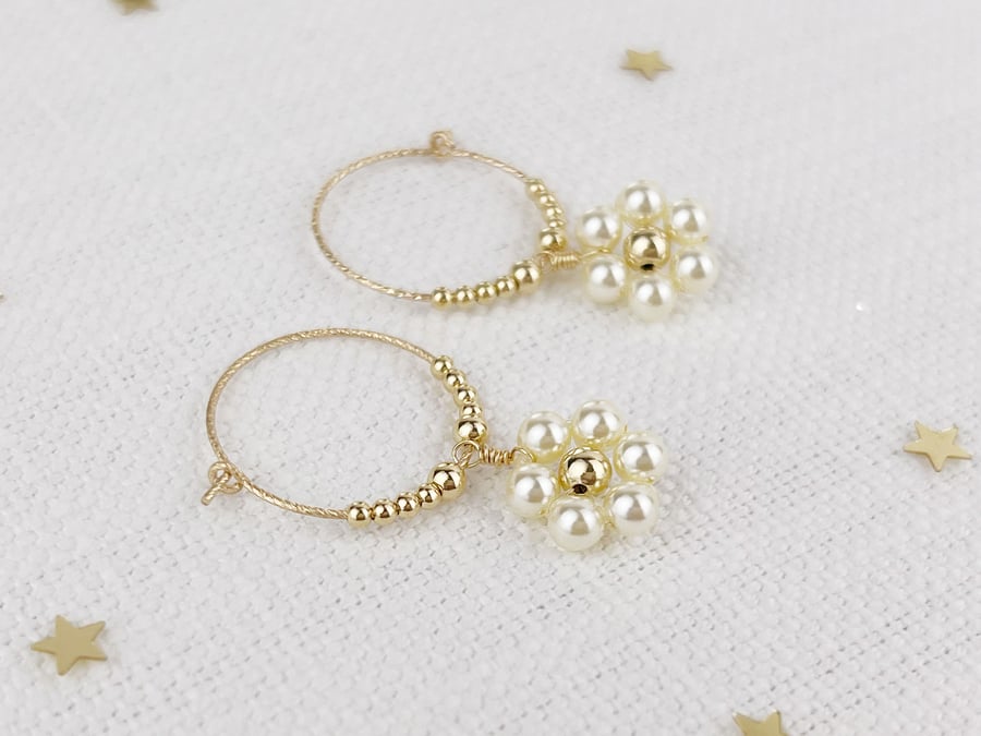 Delicate Pearl Daisy Flower Hoops
