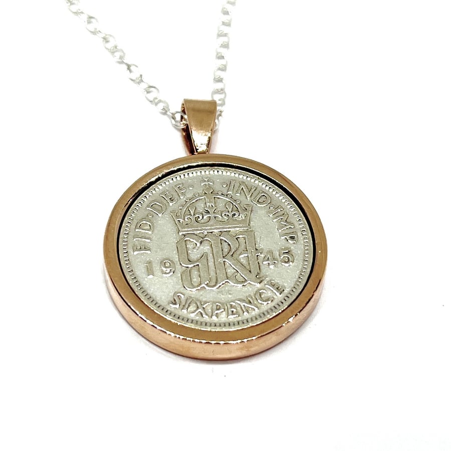1945 79th Birthday Anniversary Sixpence coin in a Silver Plated Pendant mount pl
