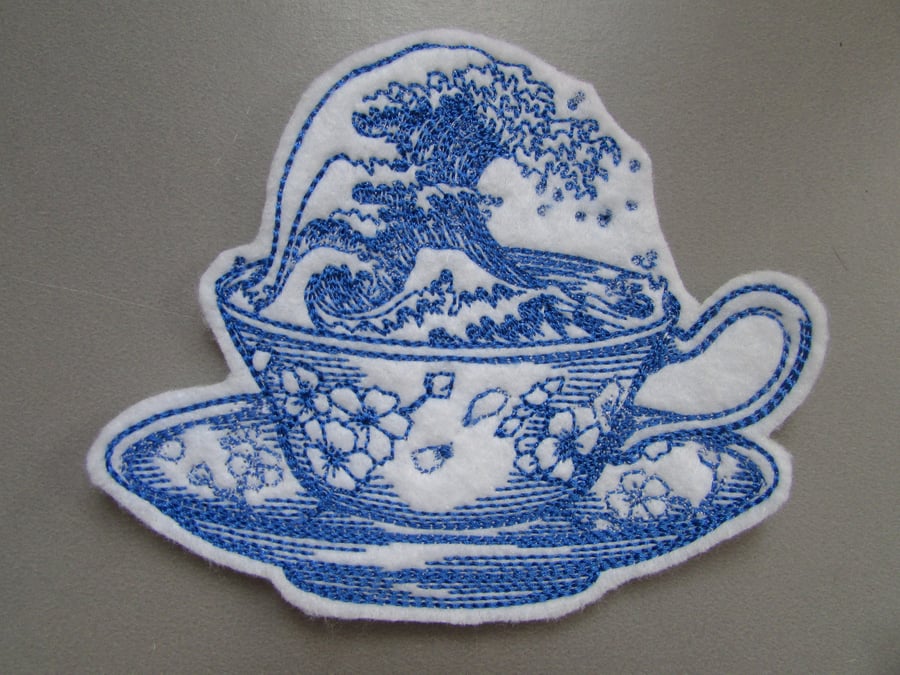 Storm in a Tea cup Embroidered Sew on Applique Patch