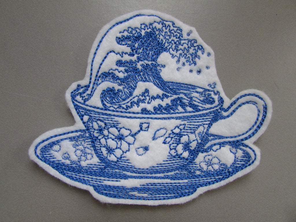 Storm in a Tea cup Embroidered Sew on Applique Patch