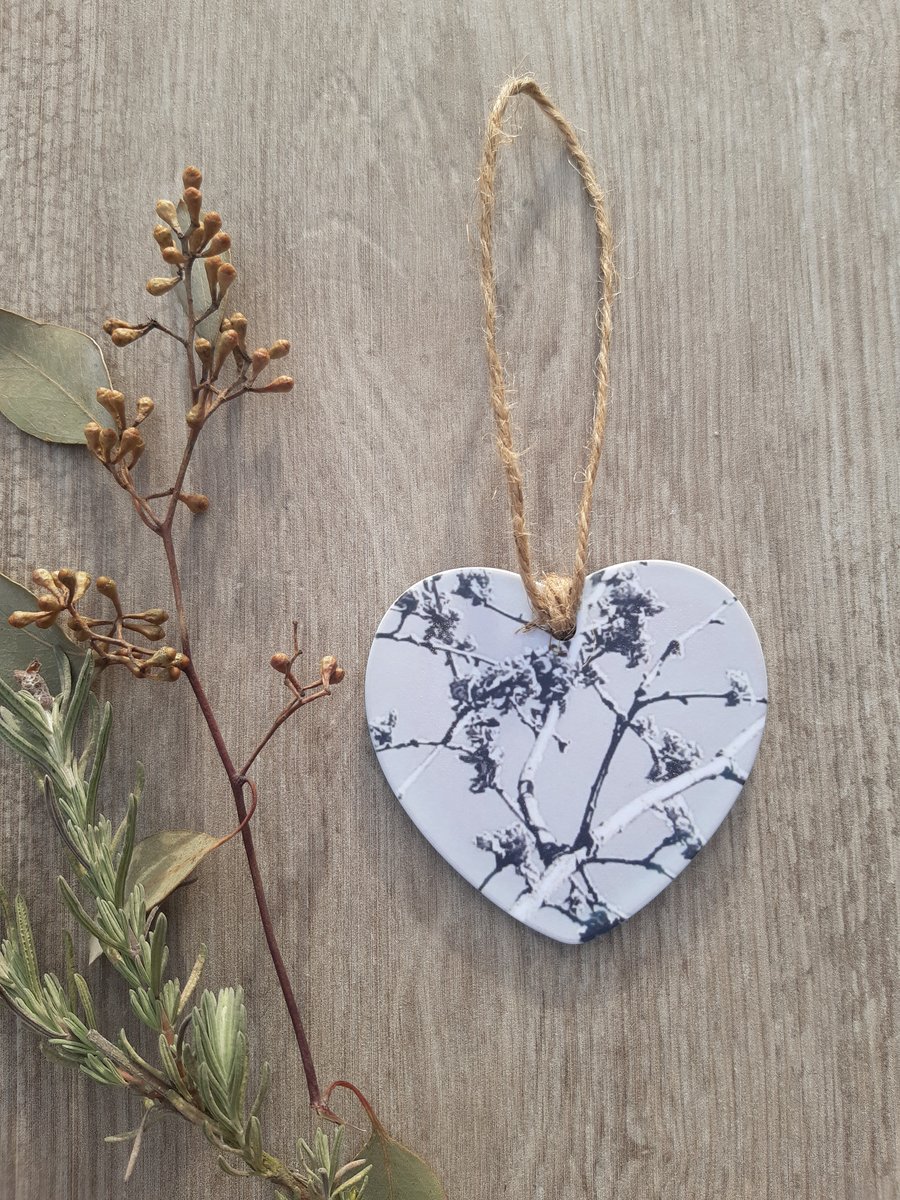 Hanging heart decoration - keepsake -  letterbox gift - Grey branch print.
