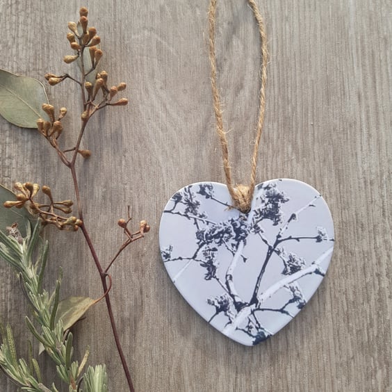 Hanging heart decoration - keepsake -  letterbox gift - Grey branch print.