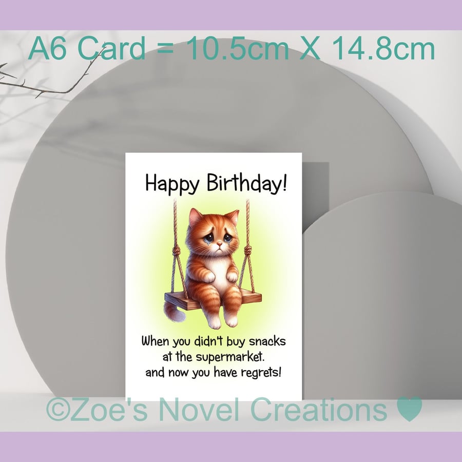Birthday Card, Snack Regrets, Cat, A6 10.5cm x 14.8cm