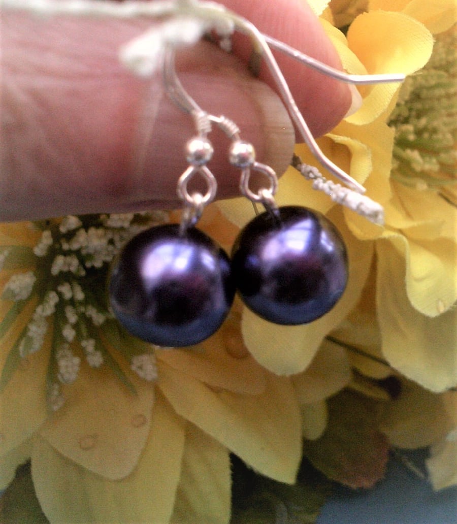 Purple Pearl Sterling Silver Earrings, Simple Everyday Earrings