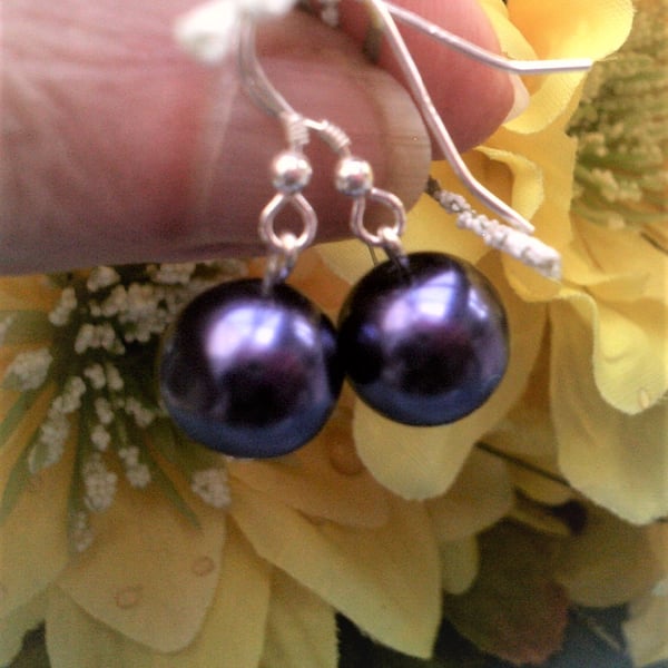 Purple Pearl Sterling Silver Earrings, Simple Everyday Earrings