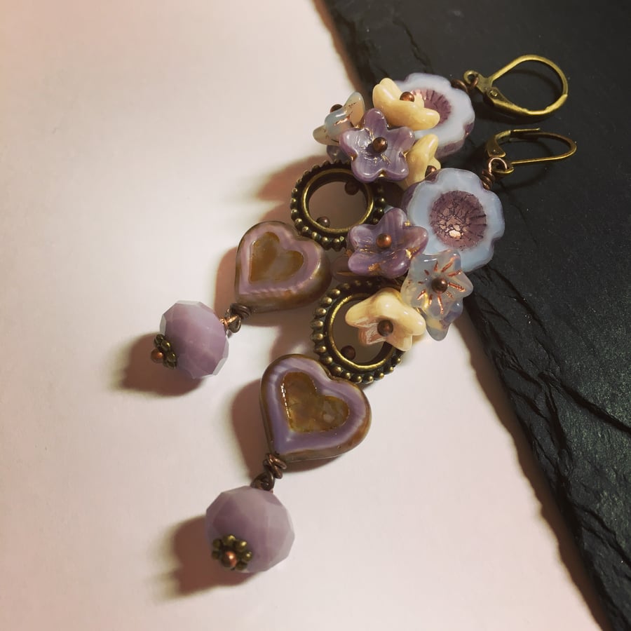 Lilac Czech glass heart and floral cluster long dangle earrings 