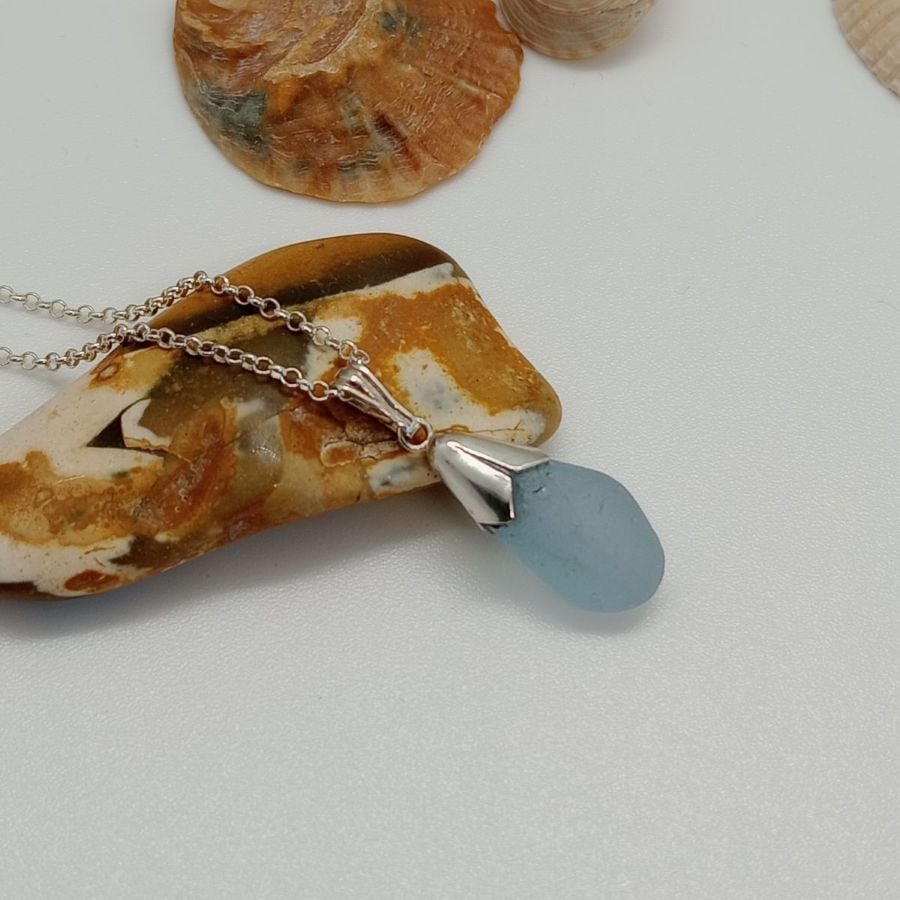 Cornflower blue sea glass Seaham pendant sterling silver 