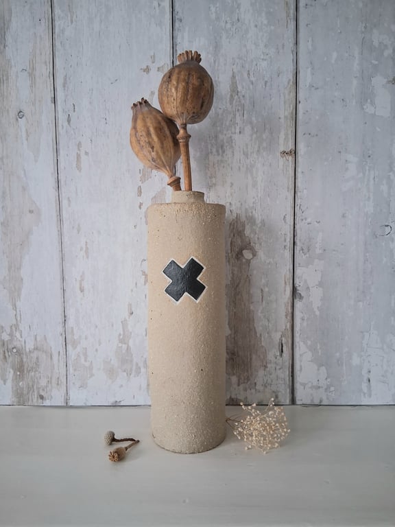 BOTTLE VASE hand-built stoneware pottery vase with black cross motif