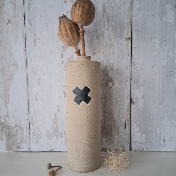 Hand-built stoneware pottery vase with black cross motif