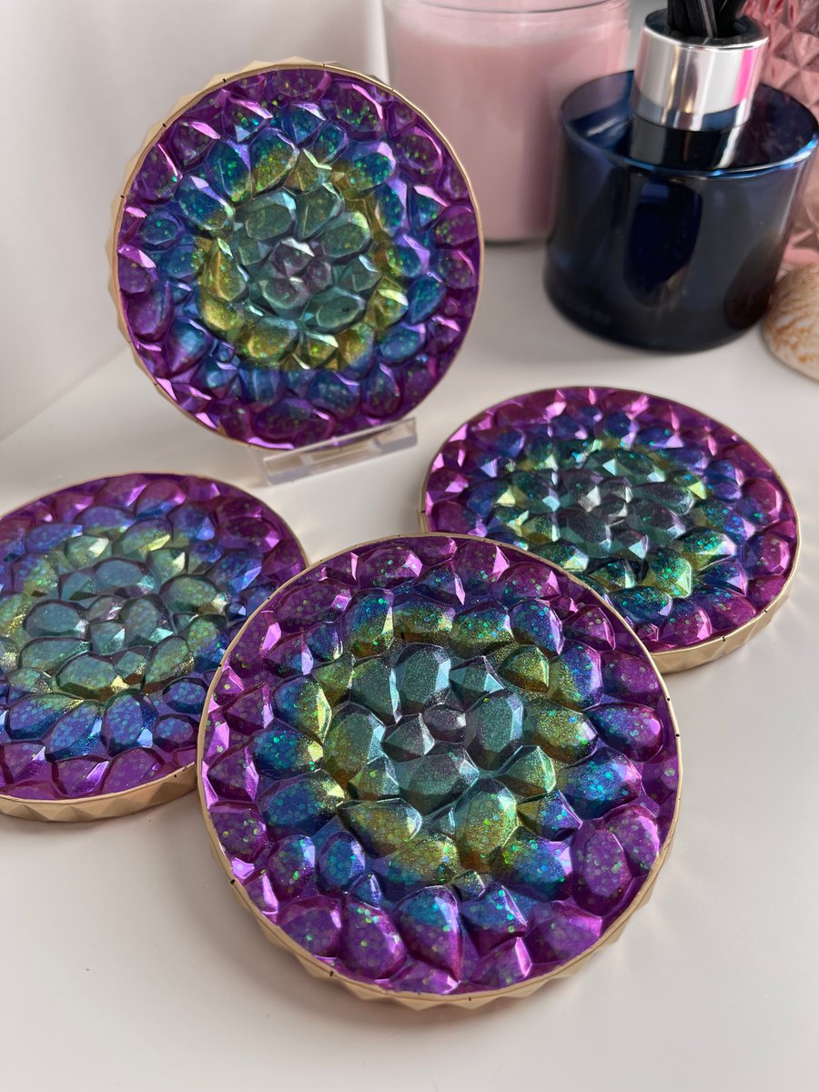 Set of 4 Round Resin drinks coasters Vibrant Multi coloured with FREE DELIVERY