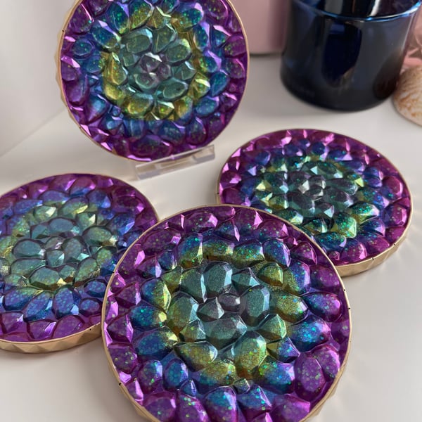 Set of 4 Round Resin drinks coasters Vibrant Multi coloured with FREE DELIVERY