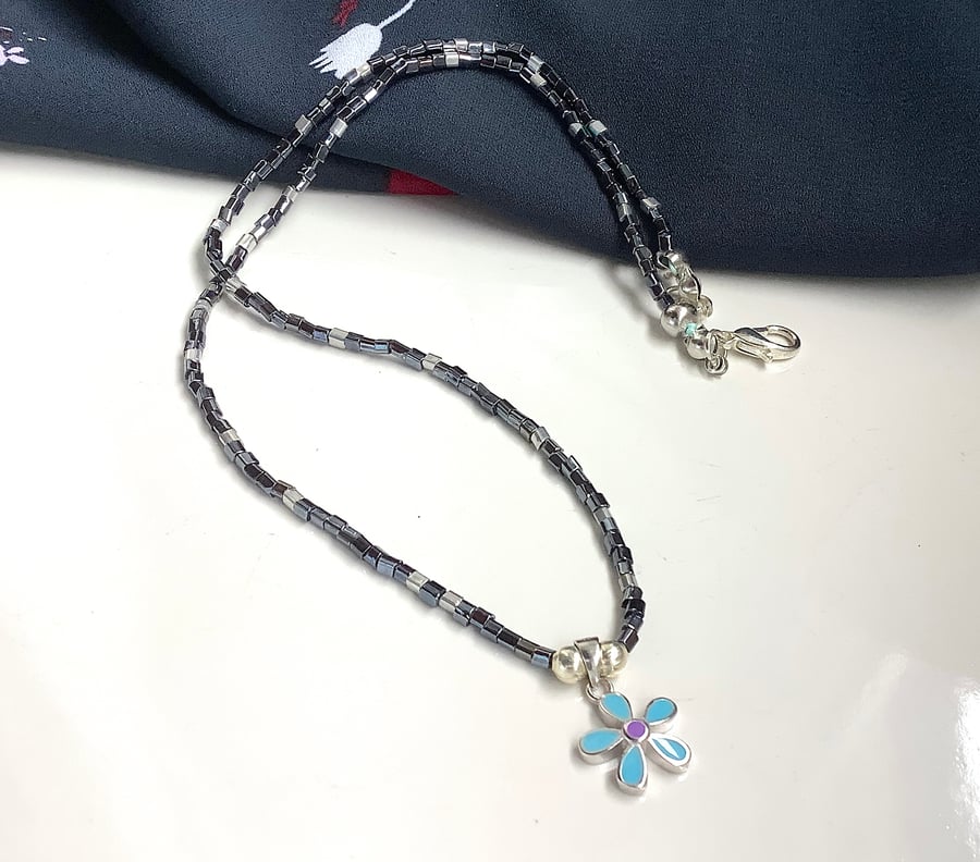 Pretty bead necklace, silver flower pendant, 925 silver charm, minimalist choker