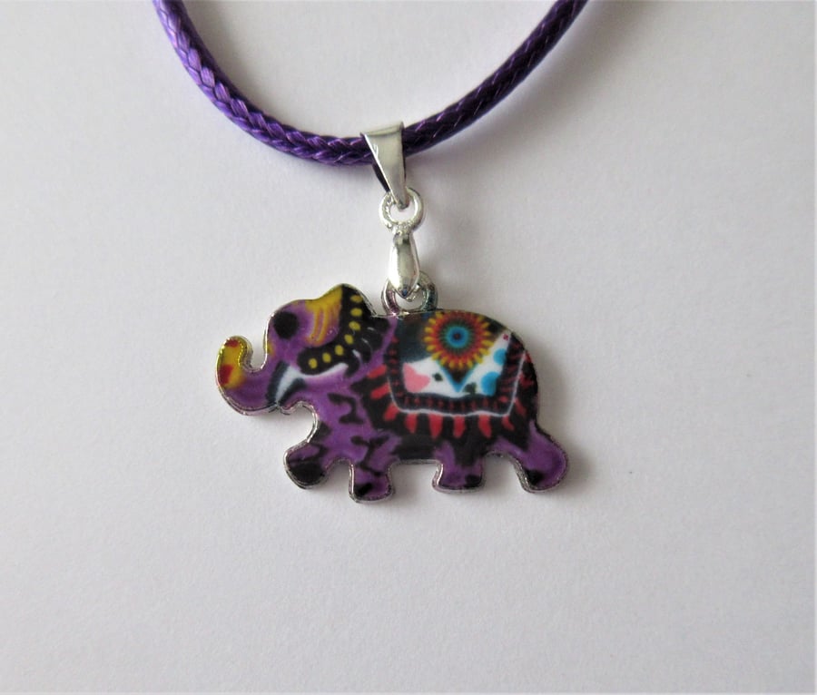 Owl Necklace Purple Cord with Cute Elephant Charm