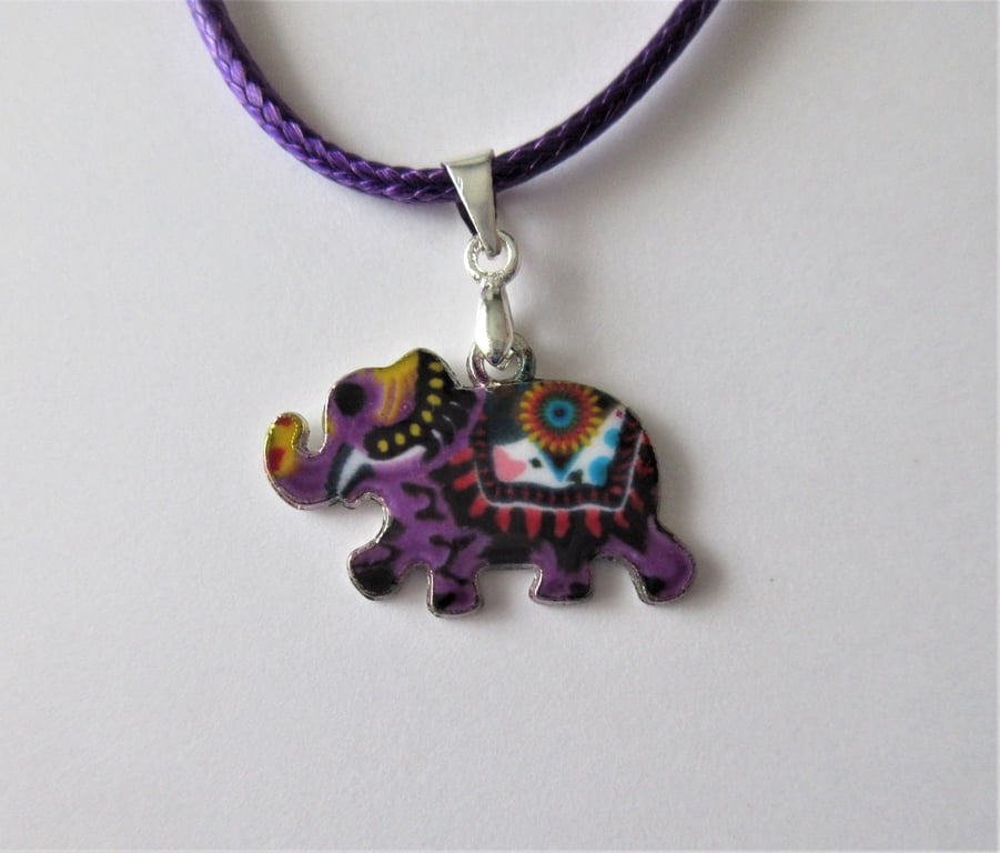 Owl Necklace Purple Cord with Cute Elephant Charm