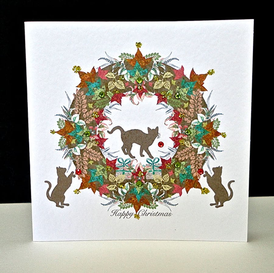 Happy Christmas Cat Garland - Handmade Card