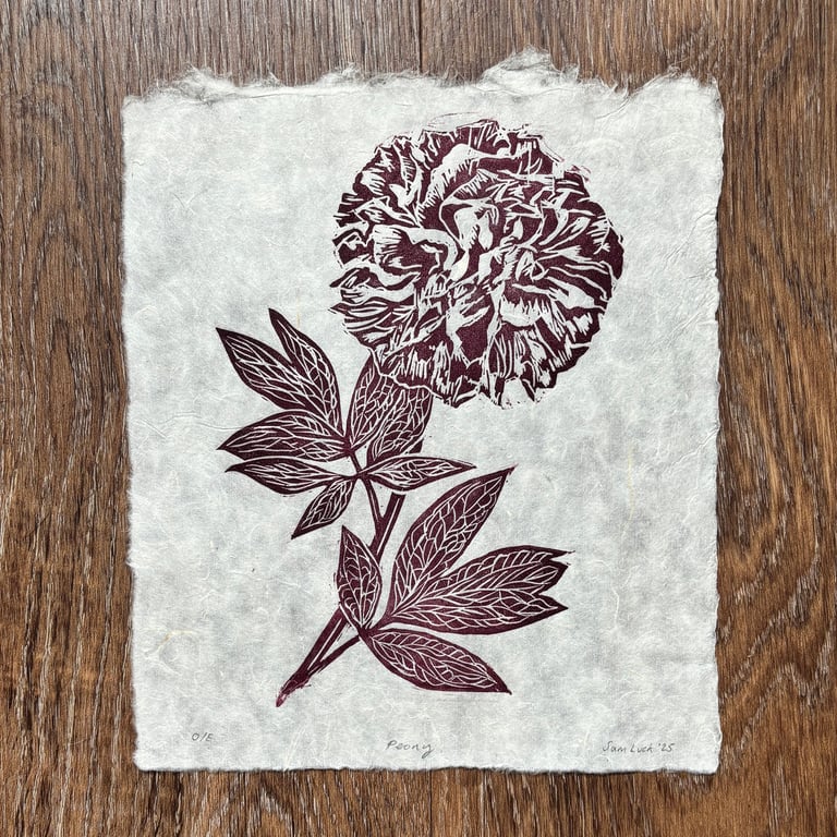 Deep red peony original linocut print