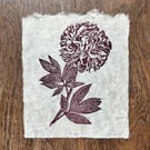 Deep red peony original linocut print