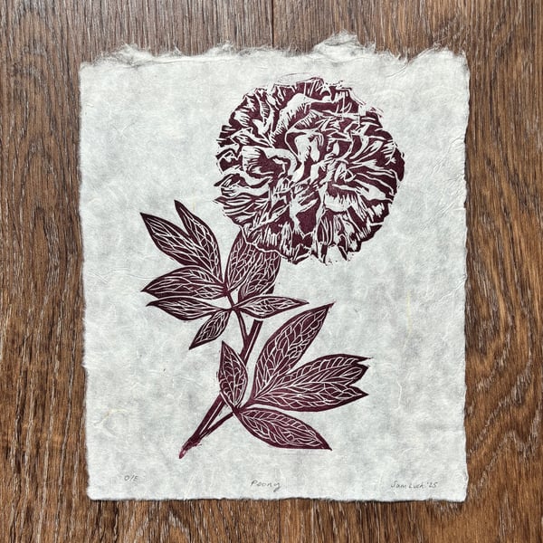 Deep red peony original linocut print