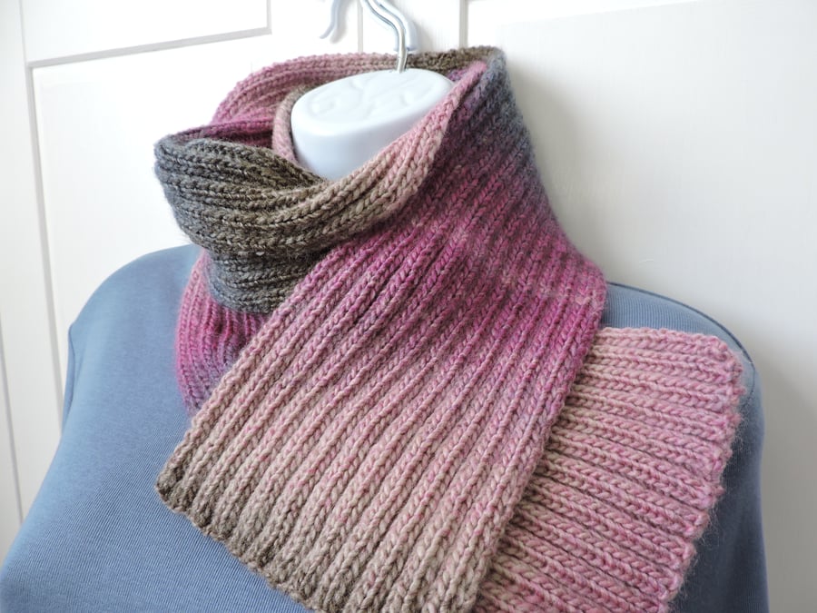  Knitted Scarf  pale pink, misty grey blue,  brown, rose pink