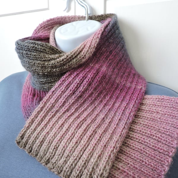  Knitted Scarf  pale pink, misty grey blue,  brown, rose pink