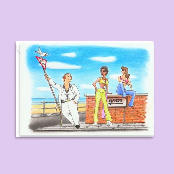 Seaside Humour Greetings Card & Envelope: Retro Seventies Pencil Illustration 