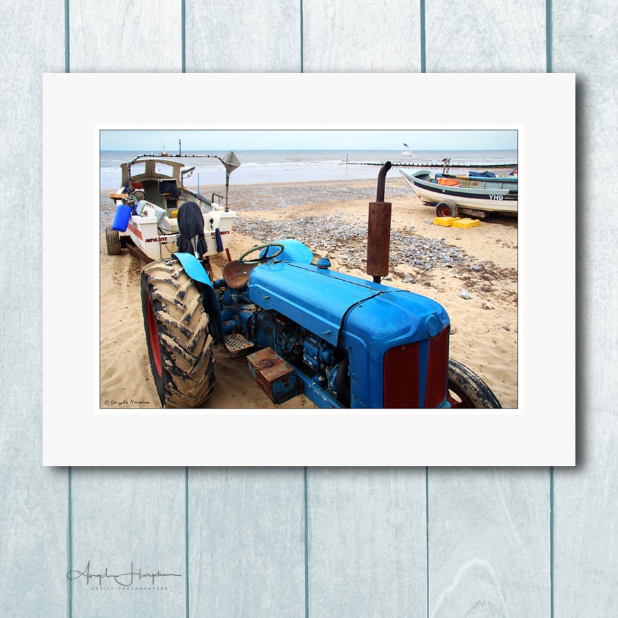 Art Photograph Bright Tractor and Boats Cromer Beach Norfolk