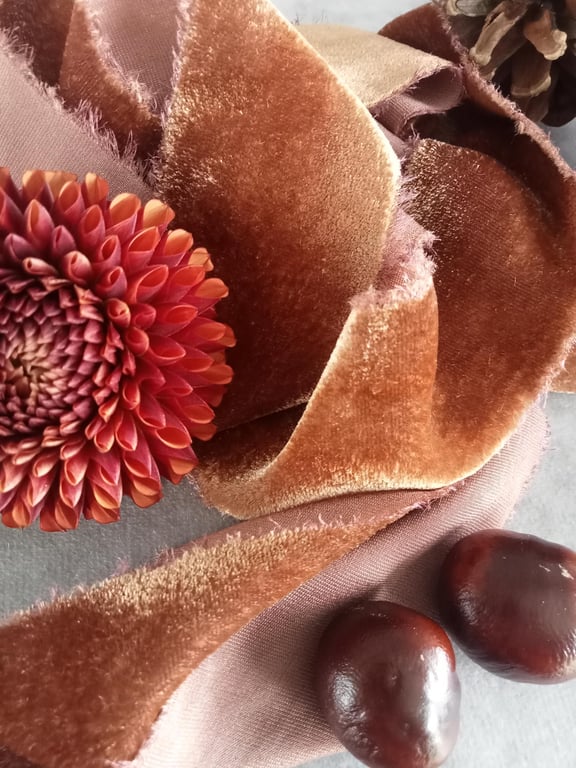 Hand Dyed Silk Velvet Ribbon: Conker Brown, Wedding Bouquet, Christmas Wreath