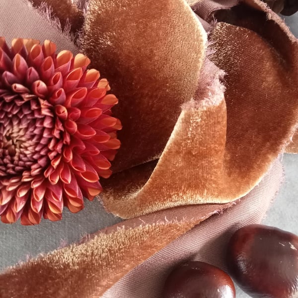 Hand Dyed Silk Velvet Ribbon: Conker Brown, Wedding Bouquet, Christmas Wreath