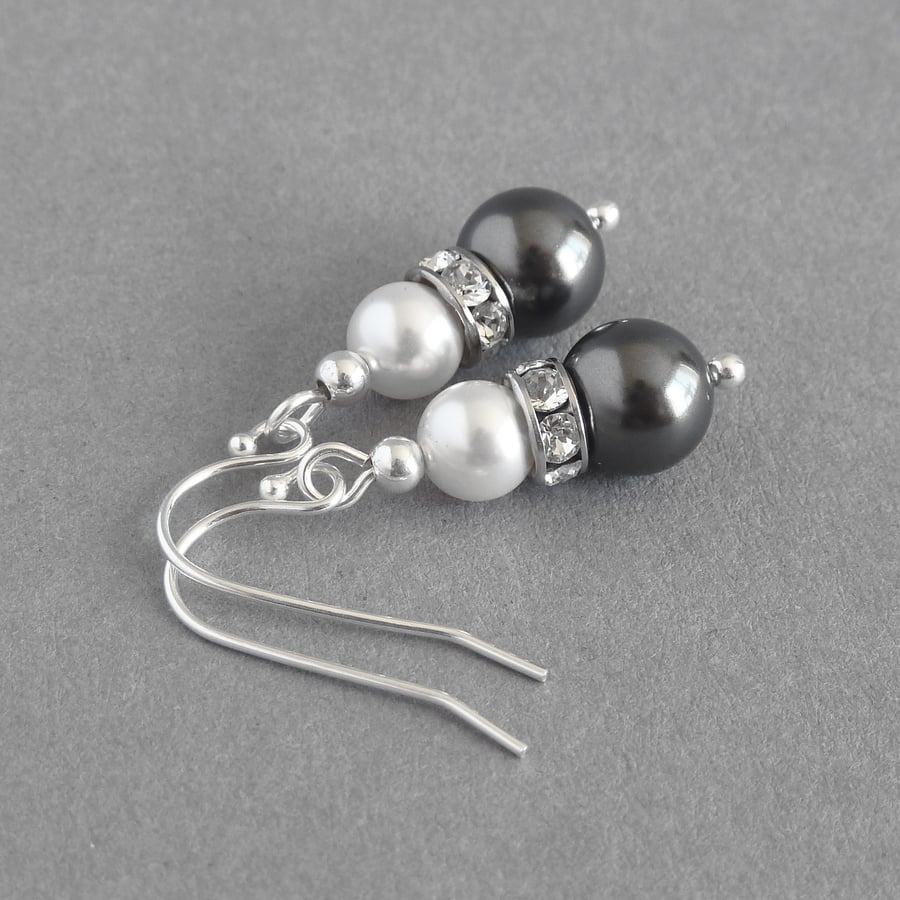 Dark Grey Pearl and Crystal Drop Earrings - Charcoal Bridesmaid Jewellery