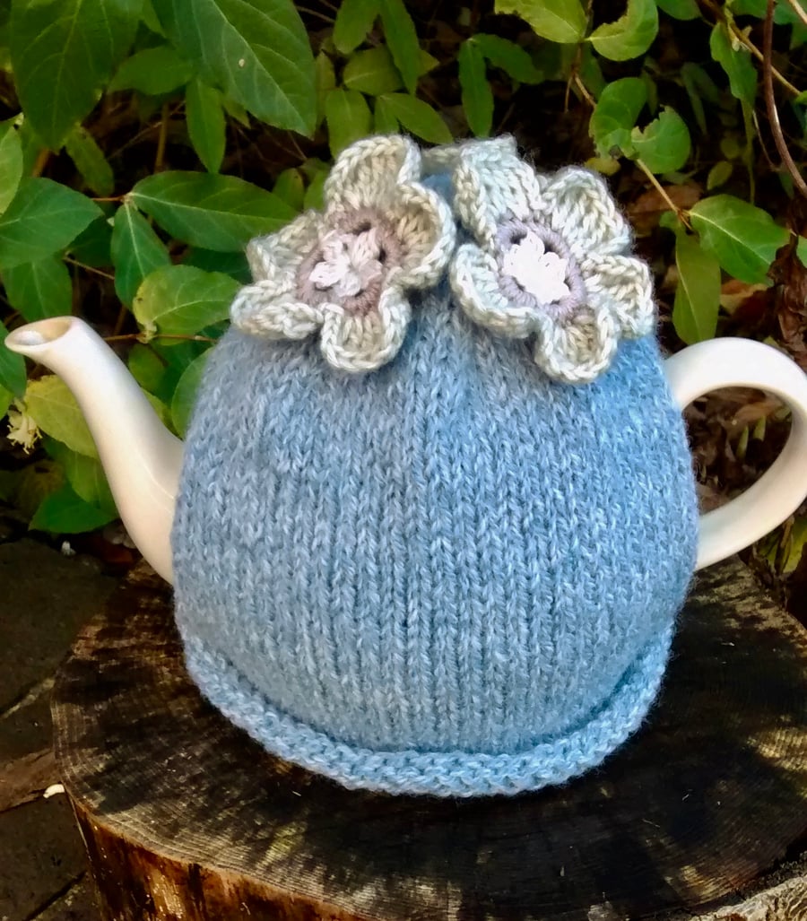 Pale Blue Tea Cosy with Grey Flowers
