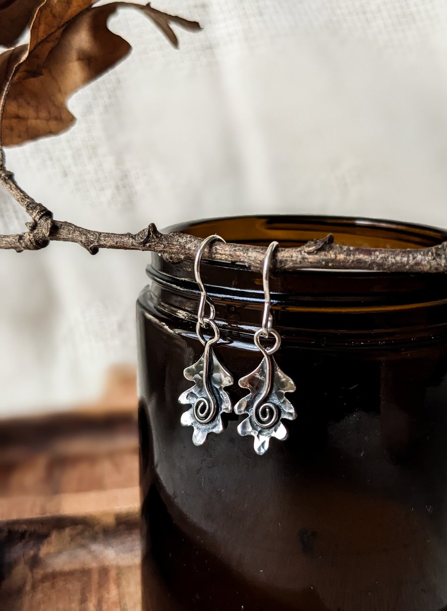 Oak leaf sterling silver drop earrings