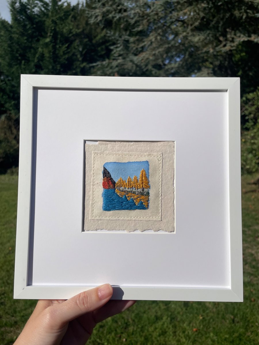 Autumn trees and lake landscape, 'mini art' hand embroidered keepsake card
