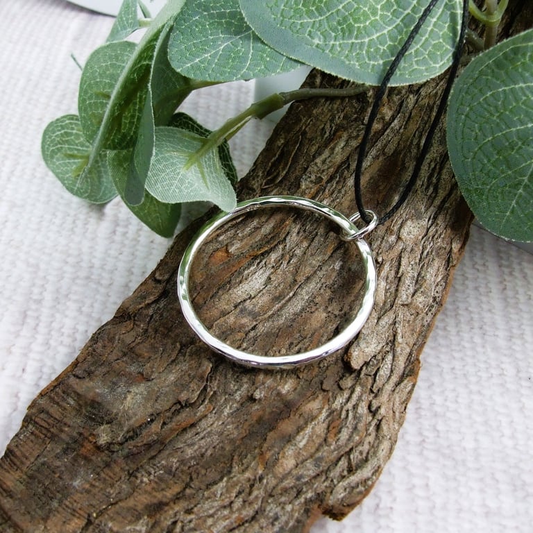 Large Silver Circle Necklace on Black Cotton Cord
