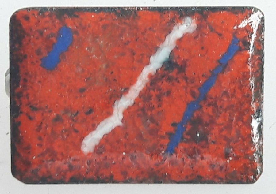 brooch - rectangle: blue and white stripes on red