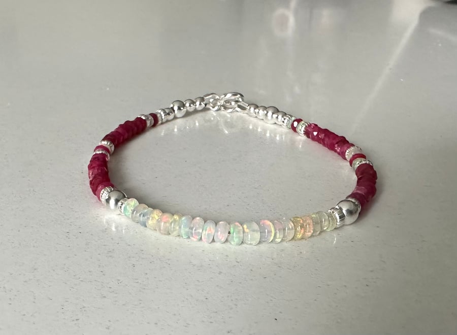 Ethiopian Opal Ruby Bracelet, Sterling Silver Gemstone Bracelet