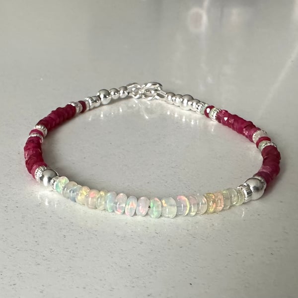 Ethiopian Opal Ruby Bracelet, Sterling Silver Gemstone Bracelet