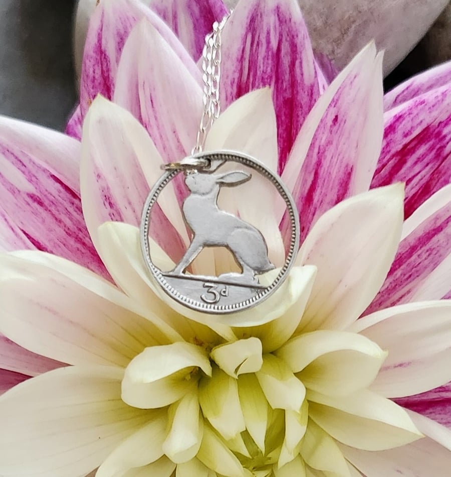 Upcycled hare pendant pierced from an Irish threepence coin
