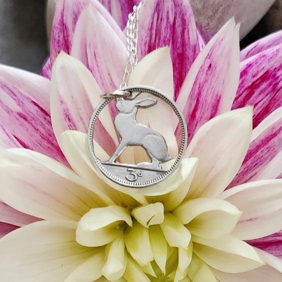Upcycled hare pendant pierced from an Irish threepence coin