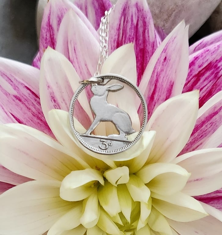 Upcycled hare pendant pierced from an Irish threepence coin
