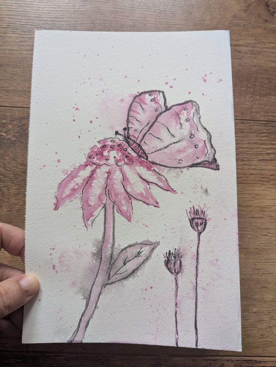 Butterfly and coneflower original watercolor painting A5
