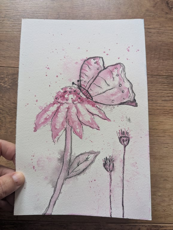 Butterfly and coneflower original watercolor painting A5