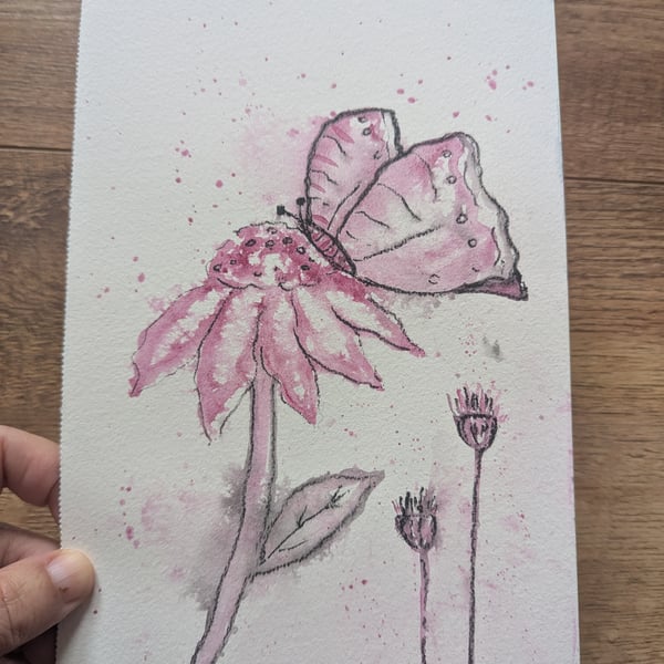Butterfly and coneflower original watercolor painting A5