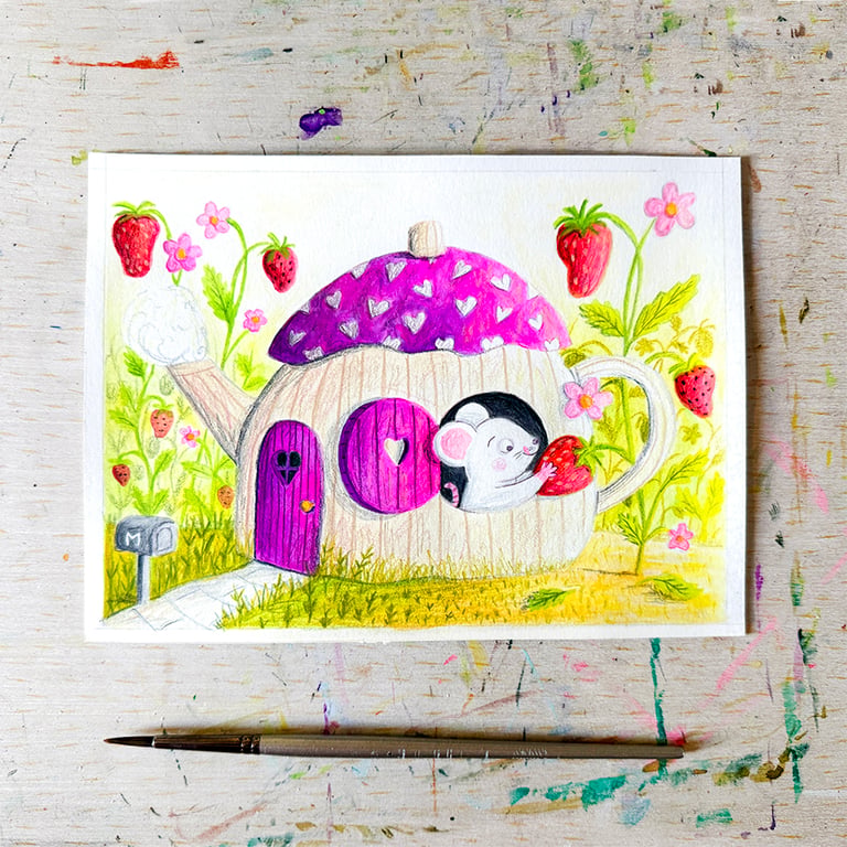 Original Mouse Painting - Strawberry Gouache Painting - One of a kind