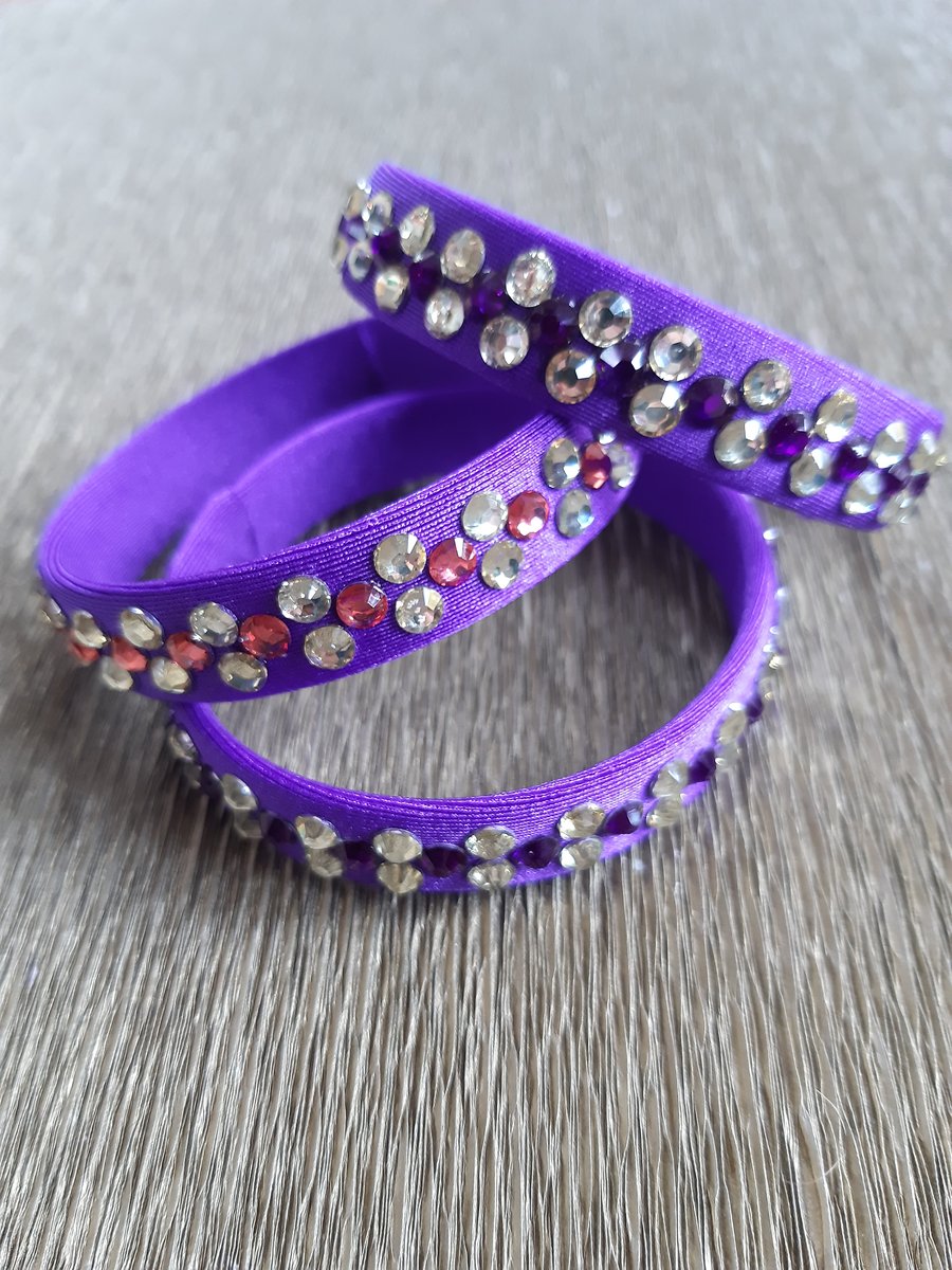 Set of 3 spangle bangles - purple fabric wrapped rhinestone bracelet