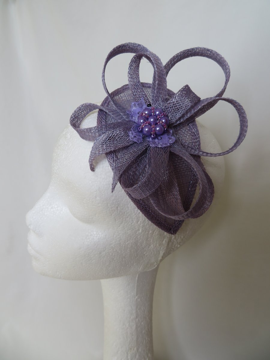 Antique Lilac Mini Loop Sinamay Fascinator Wedding Hat 