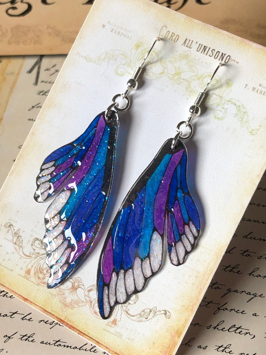 Blue and Purple Double Fairy Wing Earrings Sterling Silver
