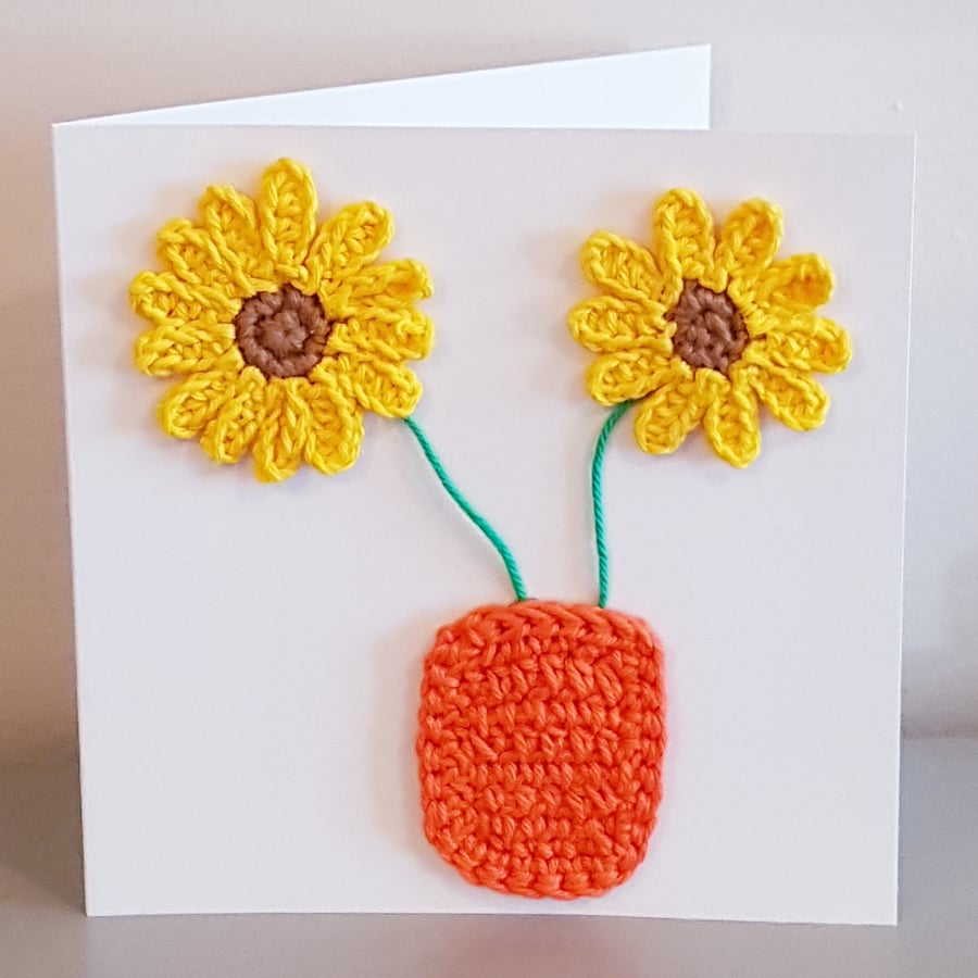 Hand crochet sunflowers in vase card 